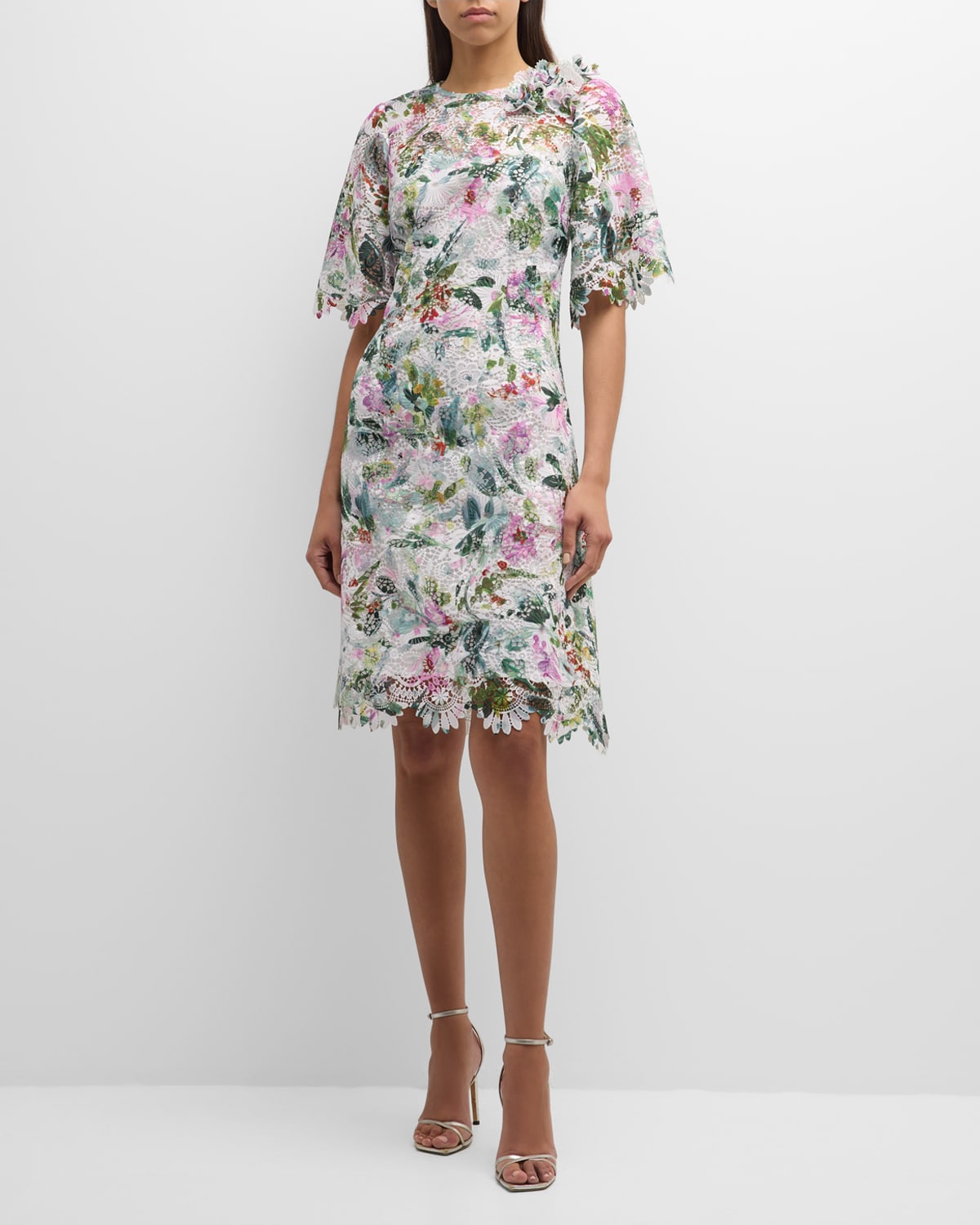 Shop Rickie Freeman For Teri Jon Scalloped Floral-print Lace Midi Dress In White Mul