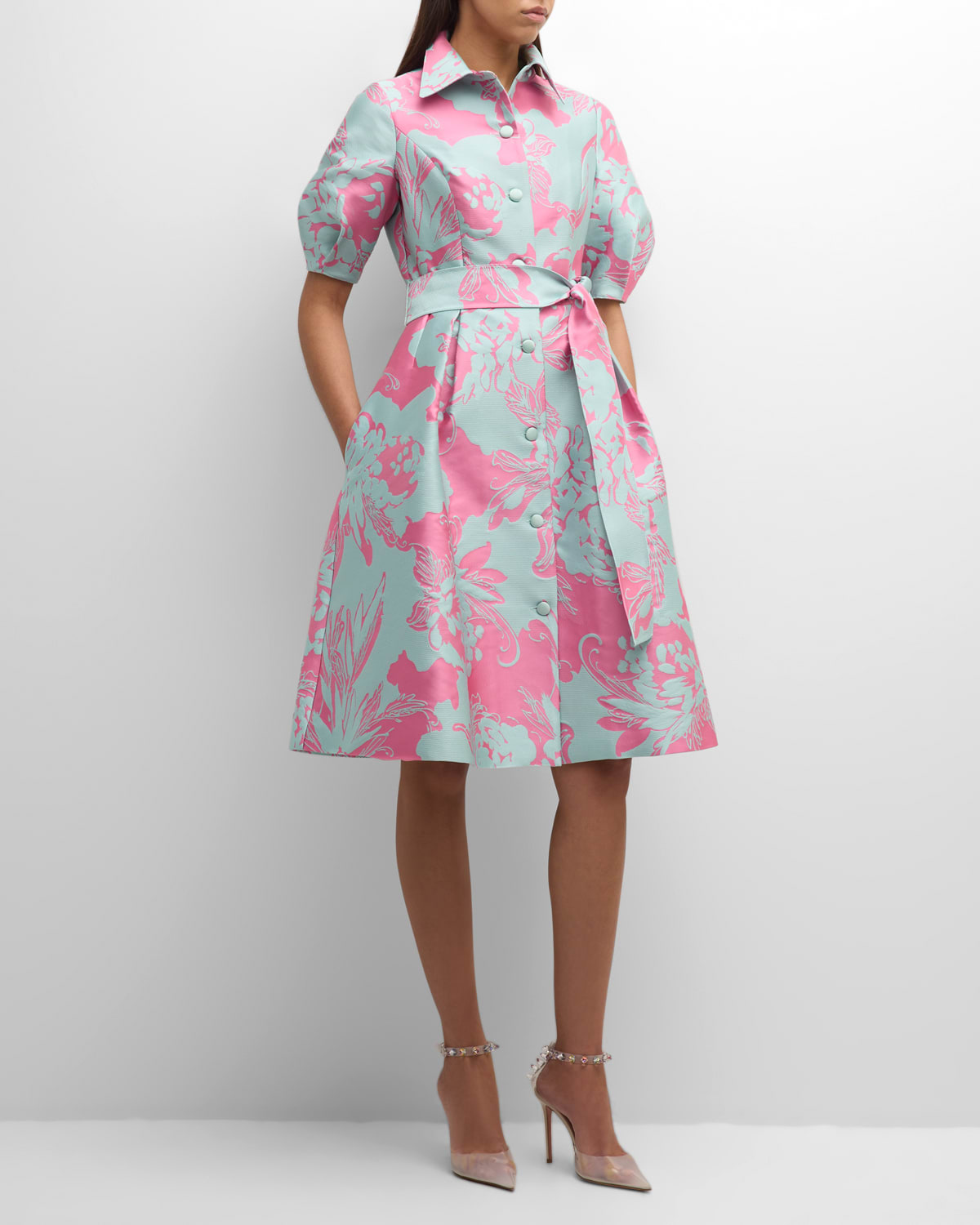 Shop Rickie Freeman For Teri Jon Pleated Floral Jacquard Midi Shirtdress In Aquapink