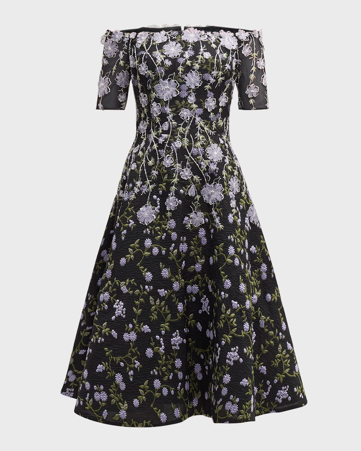 Rickie Freeman For Teri Jon Floral-embroidered Off-shoulder Midi Dress In Black Mult