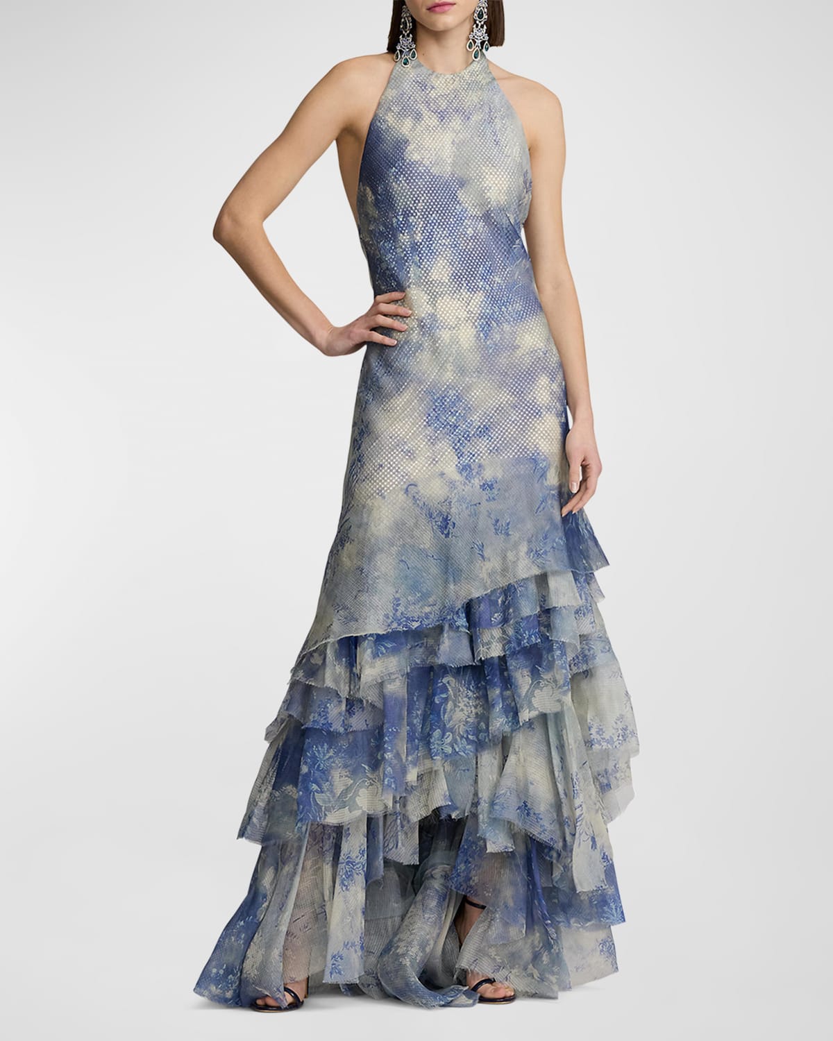 Ralph Lauren Lauraine Floral-print Ruffle Backless Halter Gown In Blue