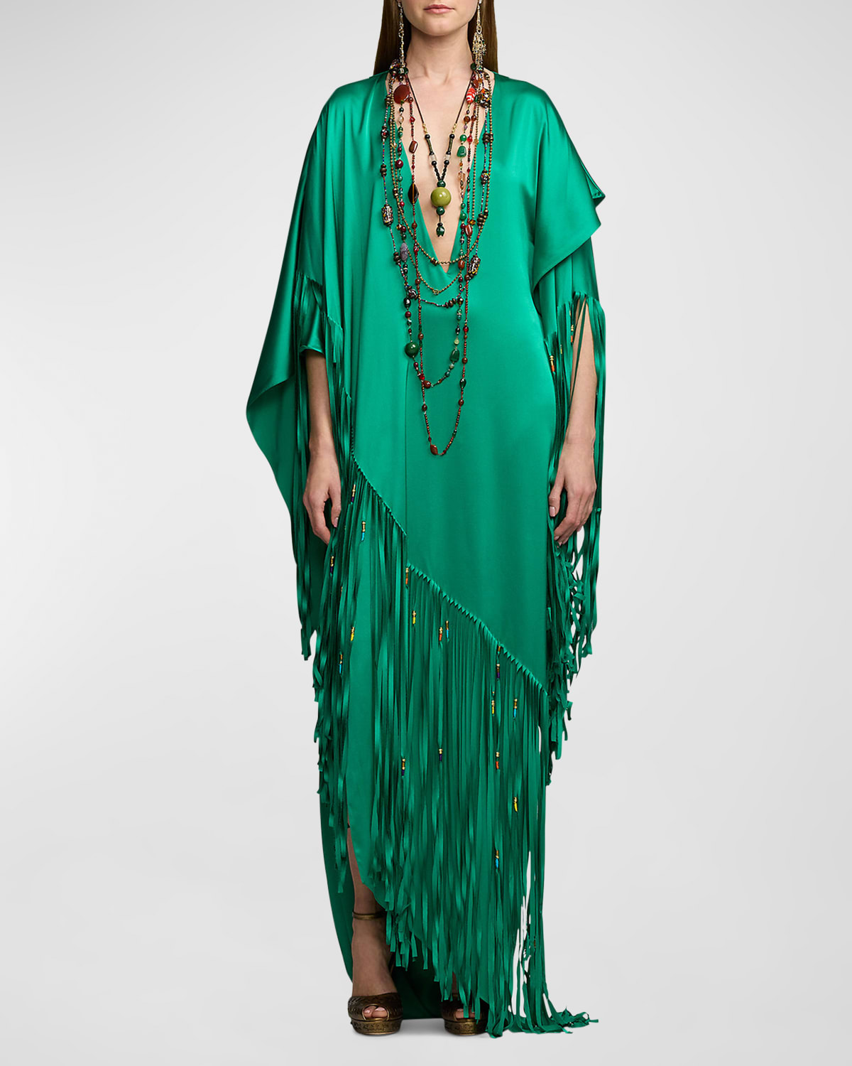 Ralph Lauren Clarissa Silk Fringe Maxi Dress With Beaded Detail In Meadow
