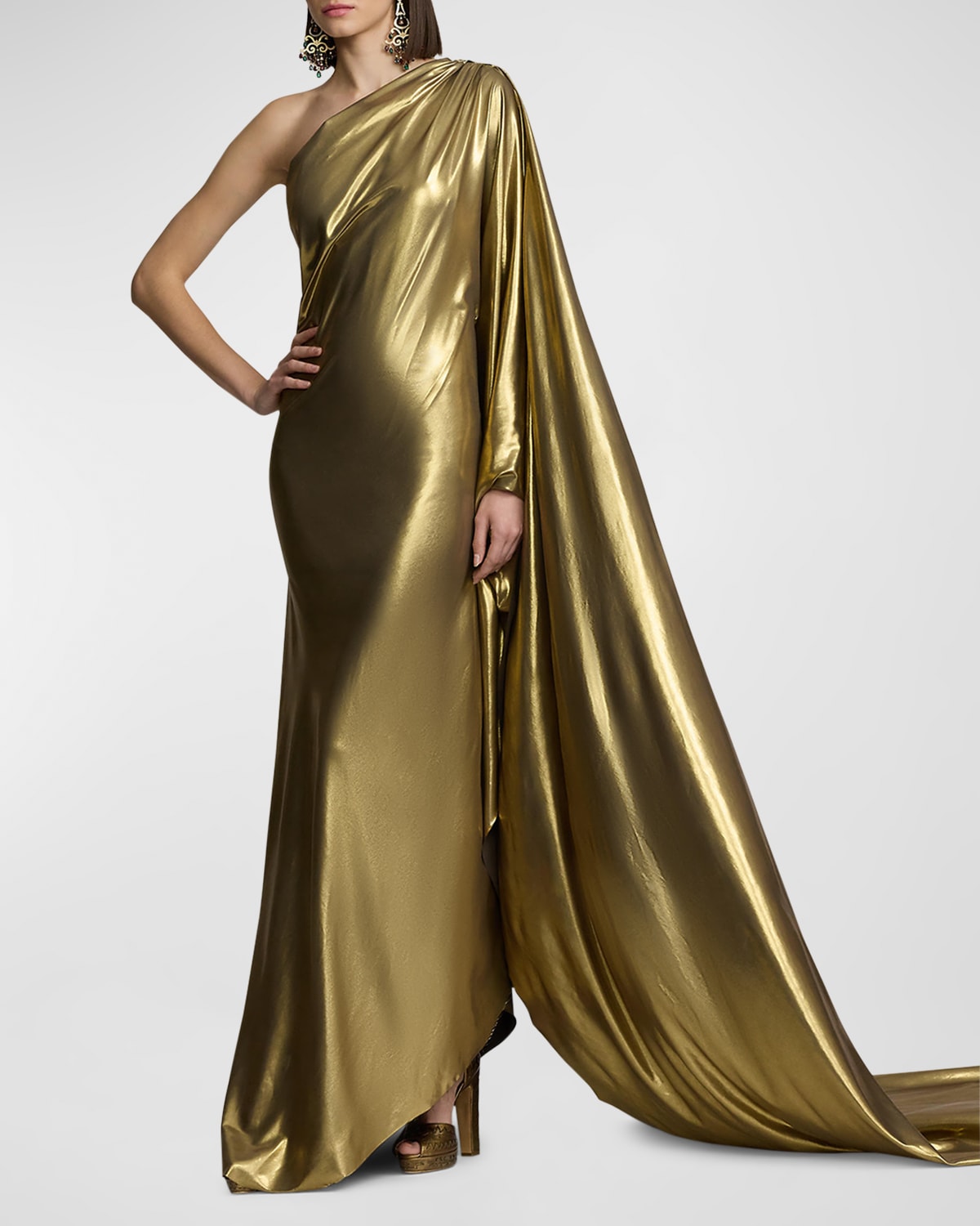 Shop Ralph Lauren Jackeline One-shoulder Metallic Gown In Gold