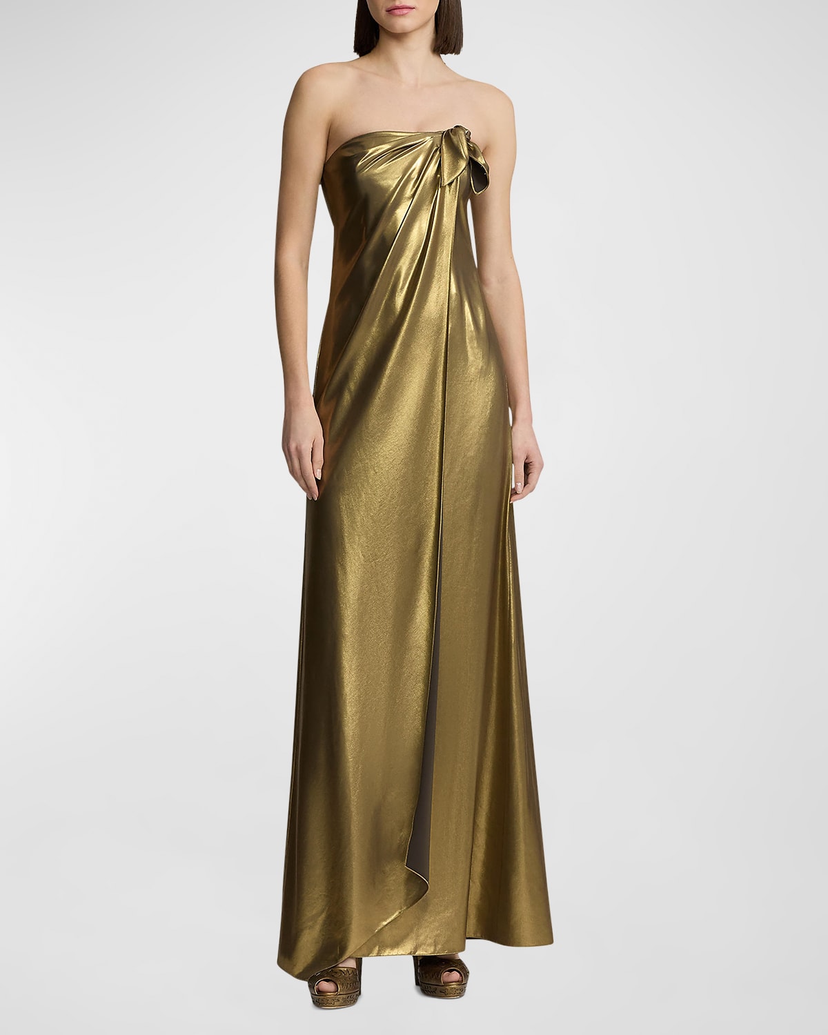 Ralph Lauren Brigitta Strapless Metallic Gown With Bow Detail In Gold