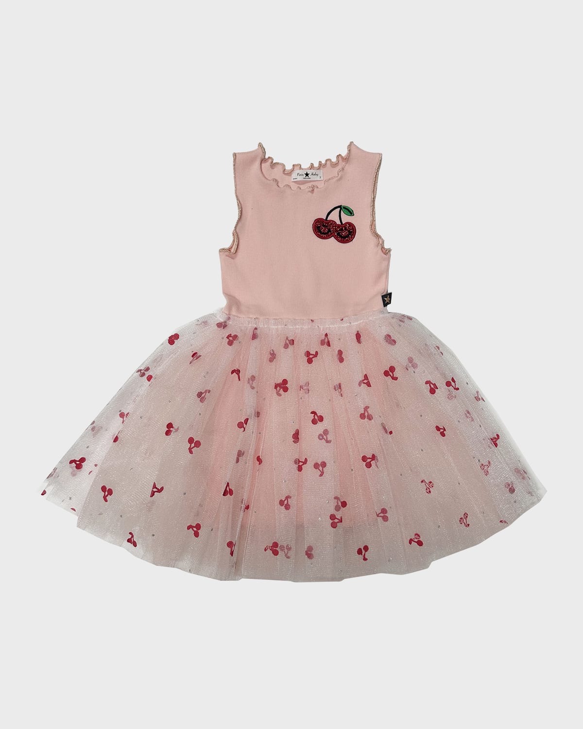 Petite Hailey Kids' Girl's Cherries Applique Printed Tulle Dress In Cherry Pink