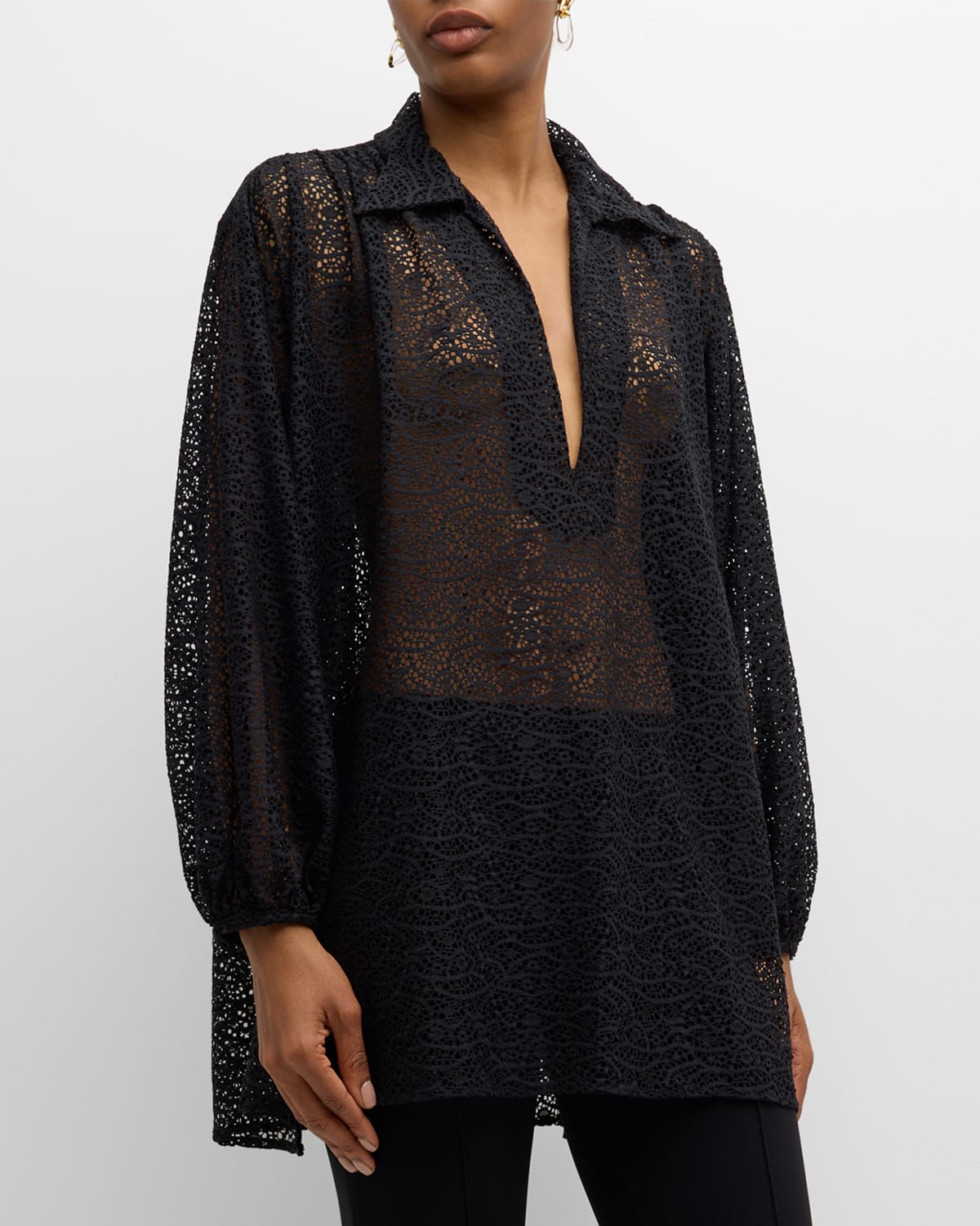 Nuancer Summer Long-Sleeve Collared Lace Blouse