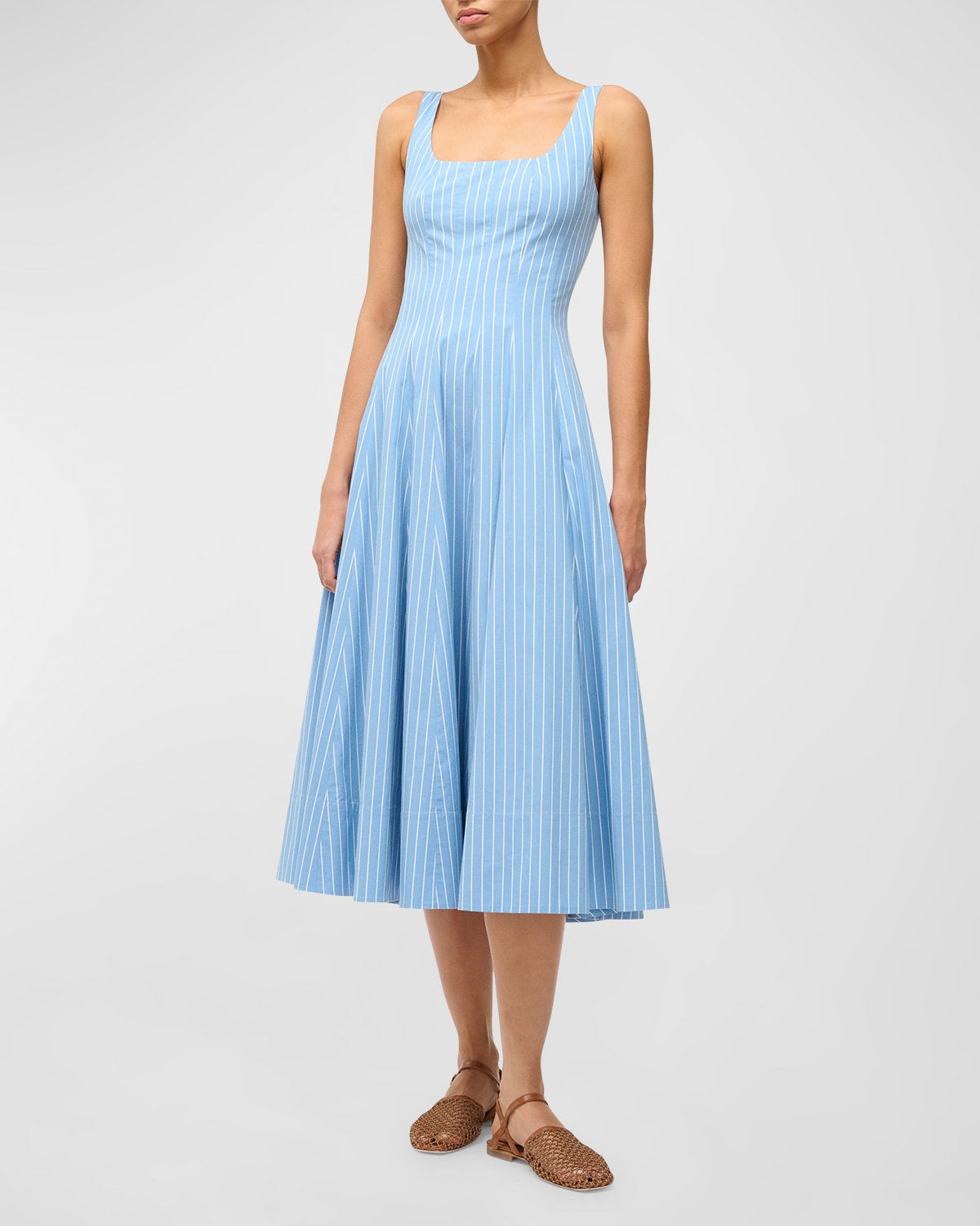 Shop Staud Wells Pinstripe Cotton Poplin Sleeveless Midi Dress In Azure Pinstripe