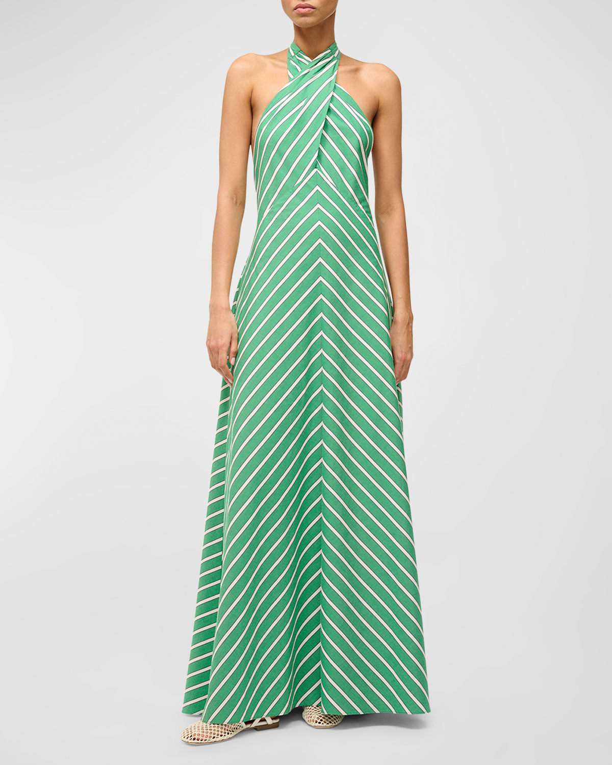 Shop Staud Dawn Tie-neck Striped Maxi Crossover Halter Dress In Seaweed Stripe