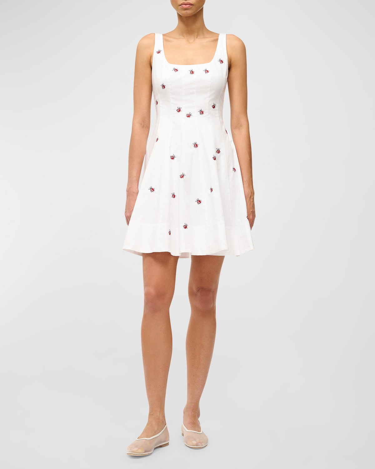 Shop Staud Wells Ladybug Print Cotton Poplin Sleeveless Mini Dress In Ladybugs