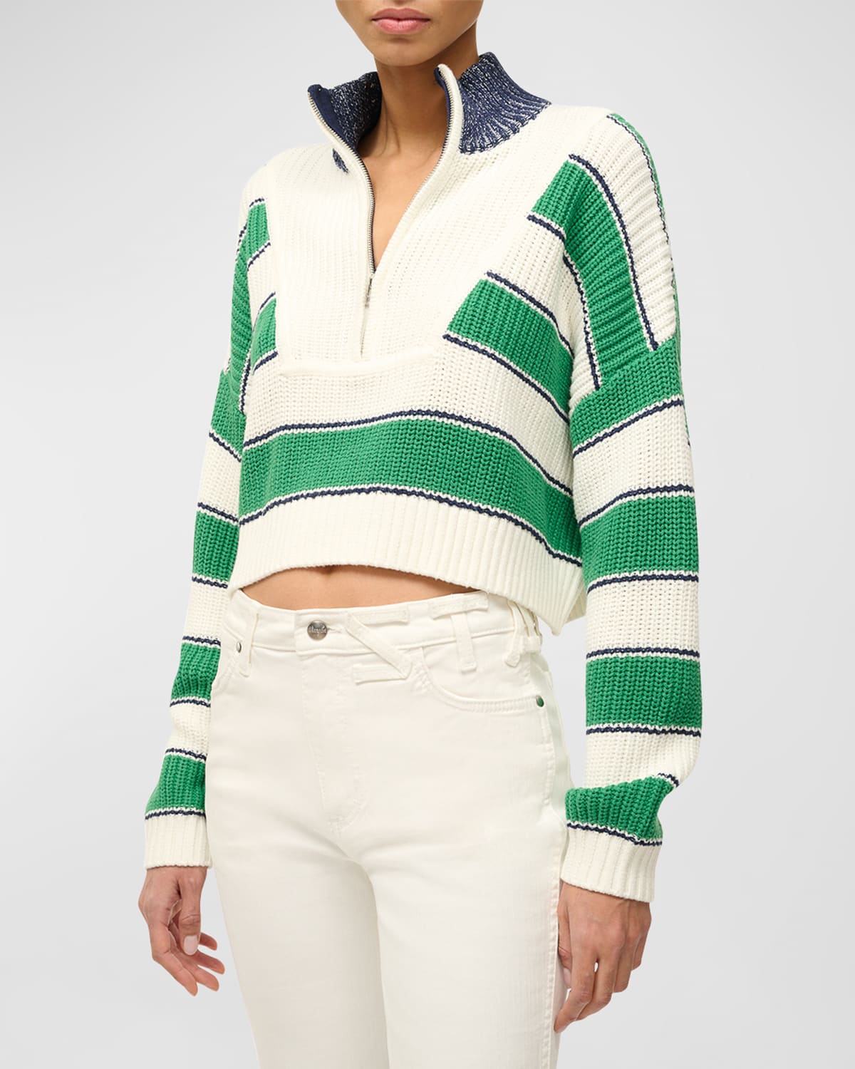 Shop Staud Hampton Chunky Stripe Knit Cropped Pullover Sweater In Bungalow Stripe