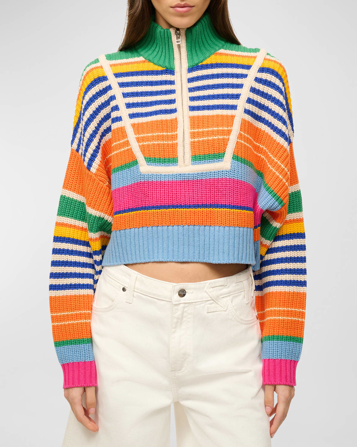 Shop Staud Hampton Chunky Stripe Knit Cropped Pullover Sweater In Multi Bayadere Stripe