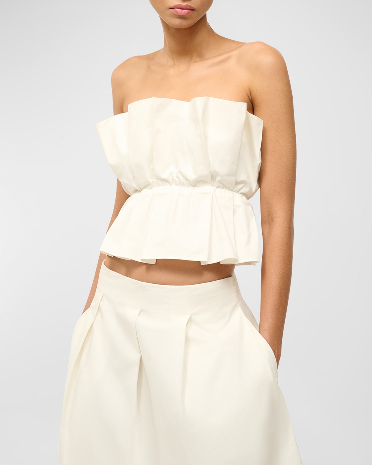 Shop Staud Dover Strapless Pleated Cotton Top In Ivory