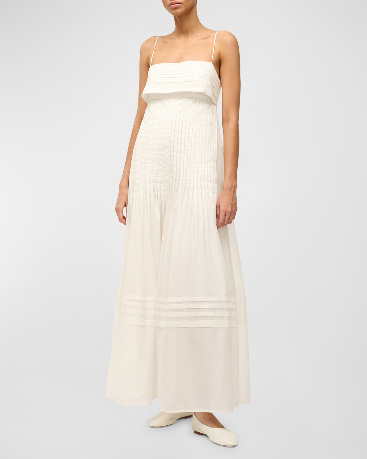 Shop Staud Kristina Pintuck Cotton Poplin Sleeveless Maxi Dress In Ivory