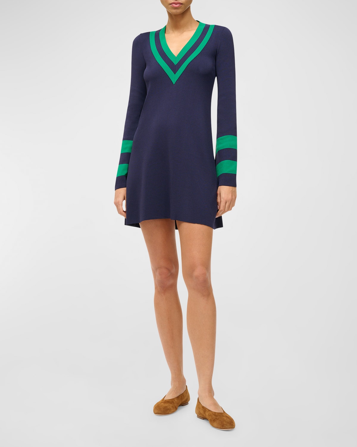 Shop Staud Sunshine Flare-sleeve Stripe Mini Dress In Navy Seaweed
