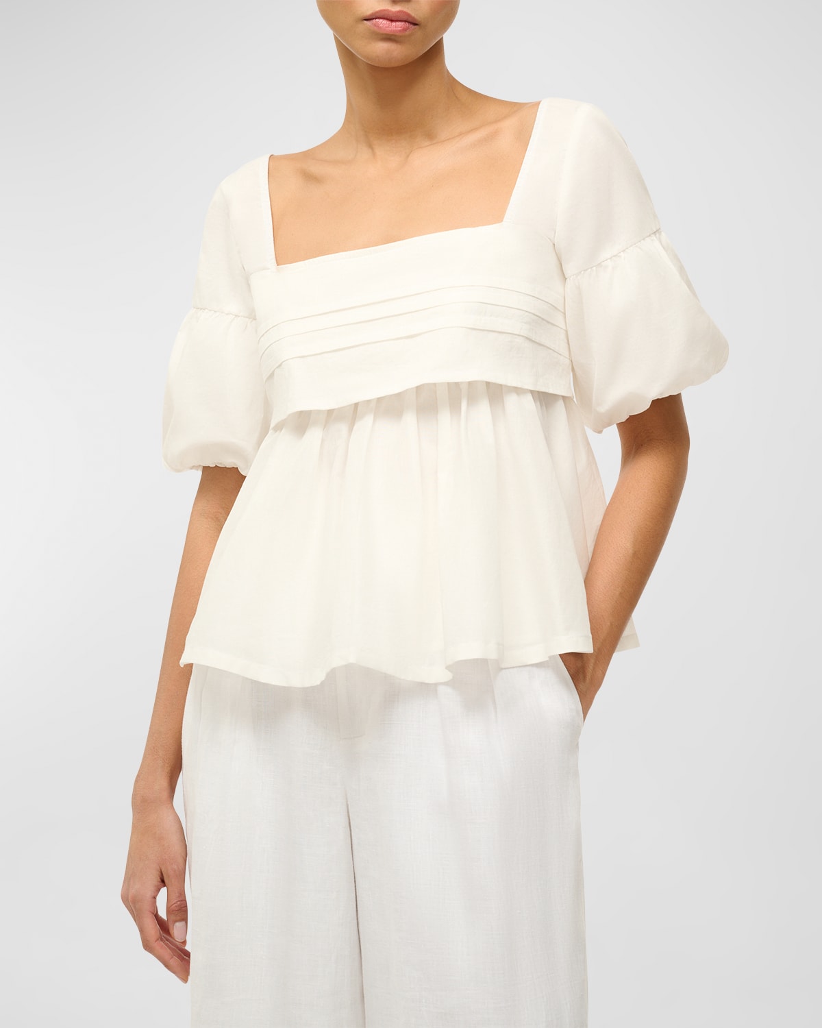 Staud Darla Pintuck Cotton Square-neck Puff-sleeve Top In White