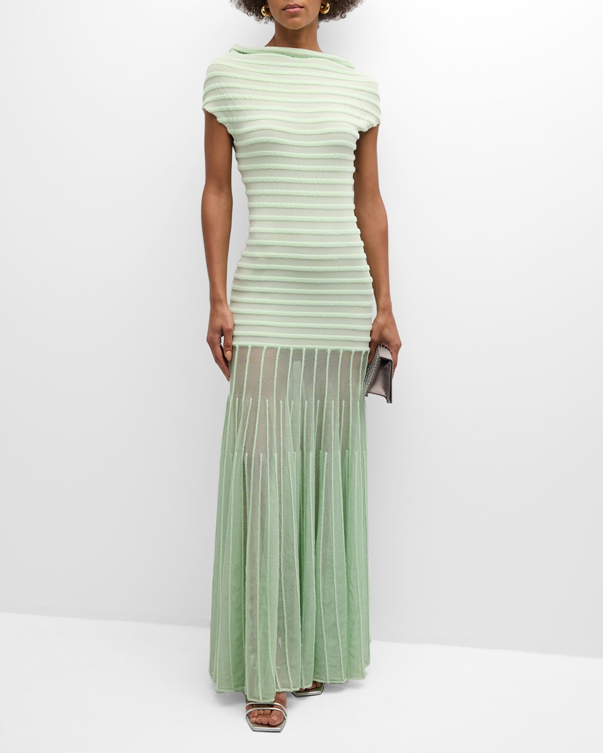 Shop Alexis Marce Off-the-shoulder Pleated Knit Maxi Dress In Mint