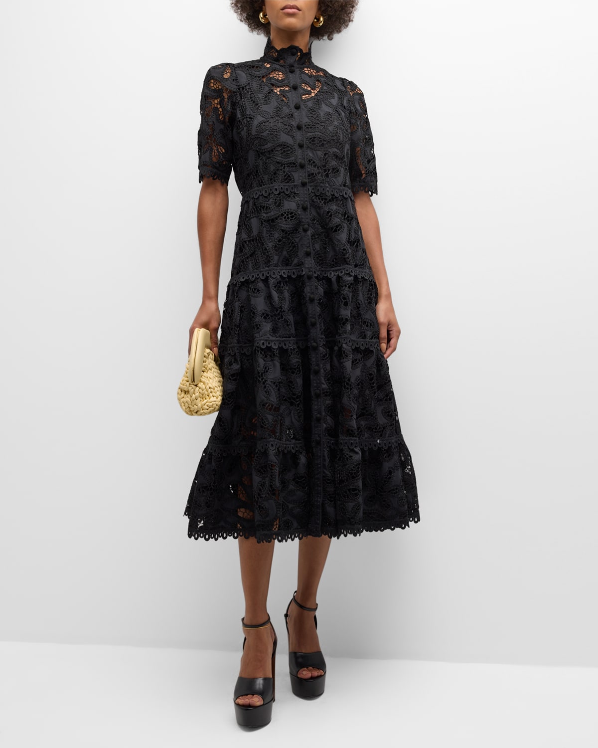 Alexis Ledina Cutwork Embroidered Floral Lace Midi Dress In Black