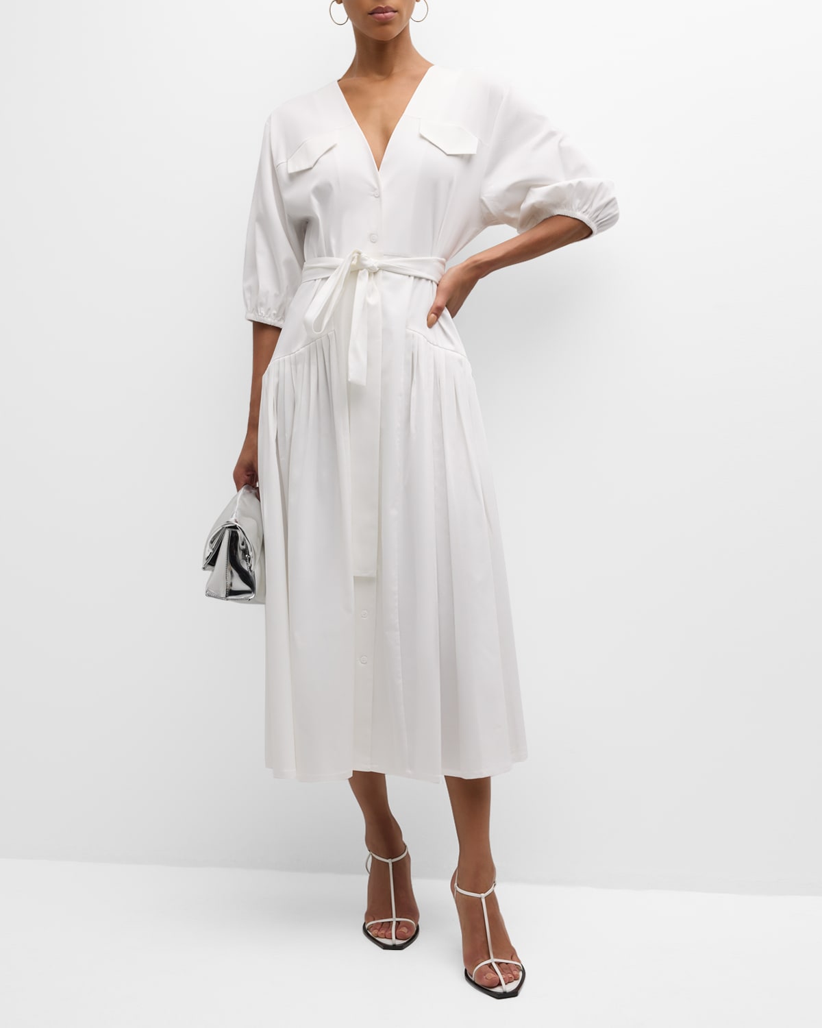 Shop Alexis Oasis Tie-belt Elbow-sleeve Cotton Midi Dress In White