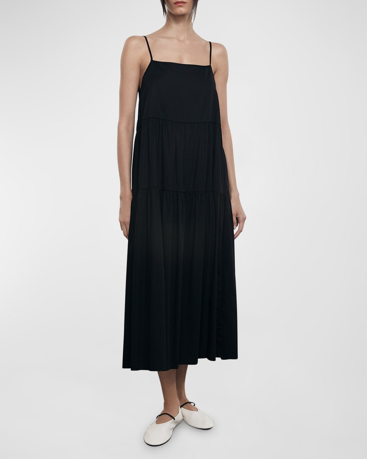 Shop Enza Costa Cotton Strappy Tiered Midi Dress In Black
