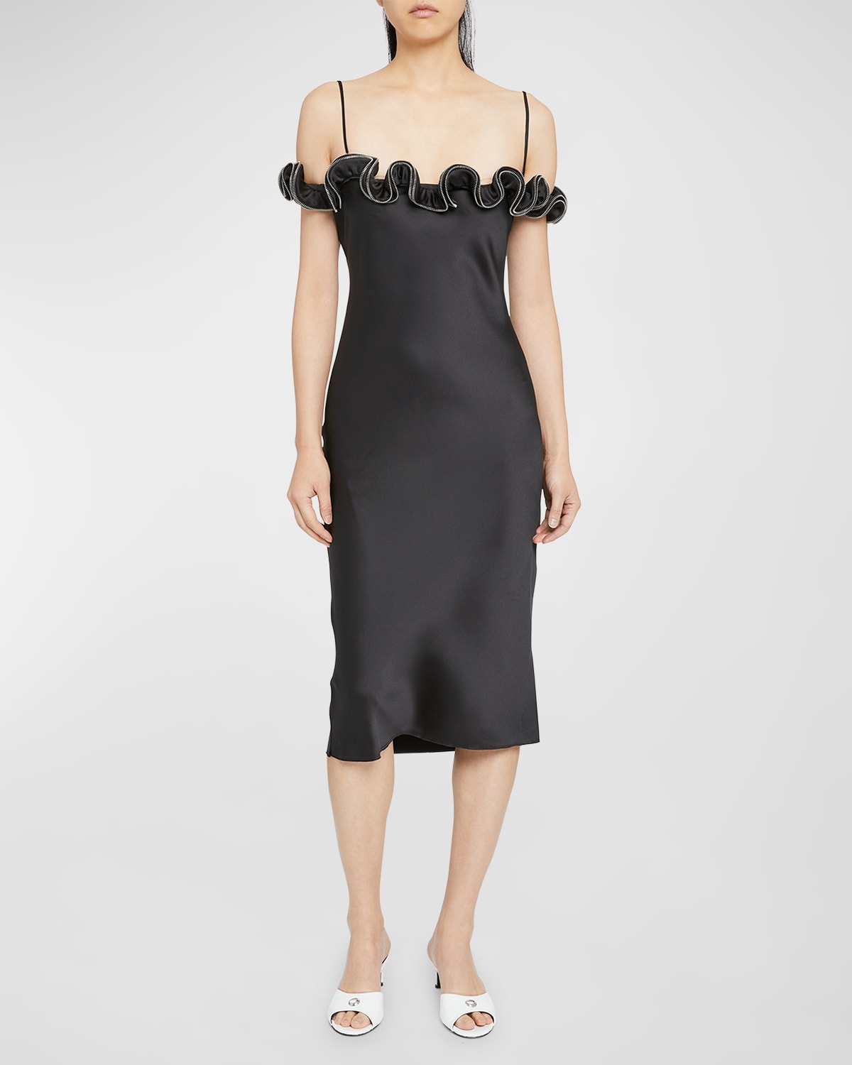 Shop Coperni Zip Ruffle Off-the-shoulder Satin Midi Slip Dress In Black