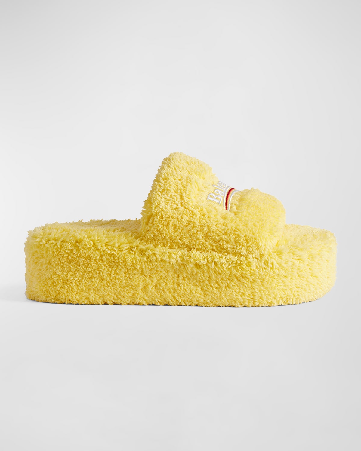 Shop Balenciaga Shaggy Logo Slide Platform Sandals In Yellow/wht/red
