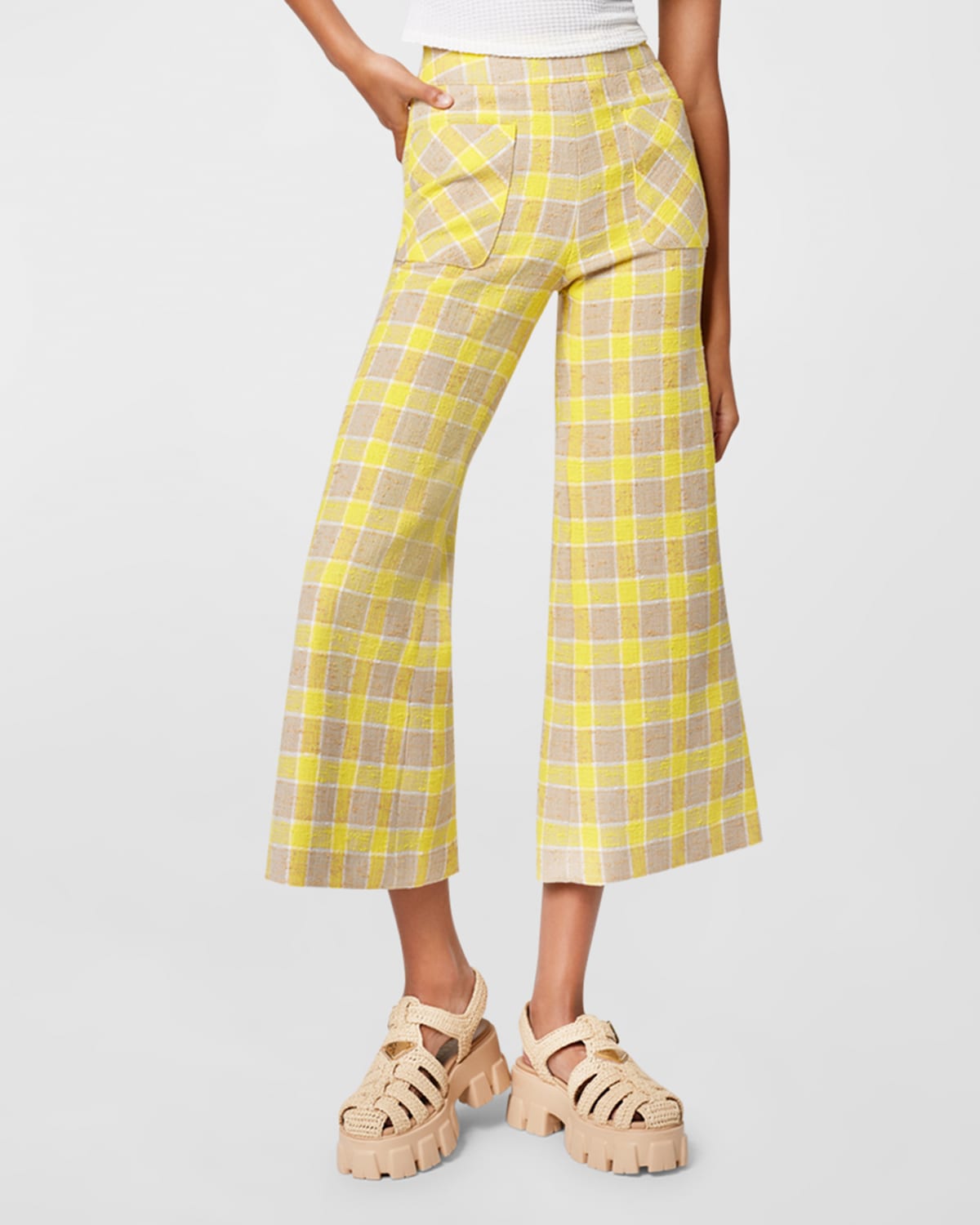 Shop Smythe Cropped Wide-leg Patch Pocket Pants In Yellow Check