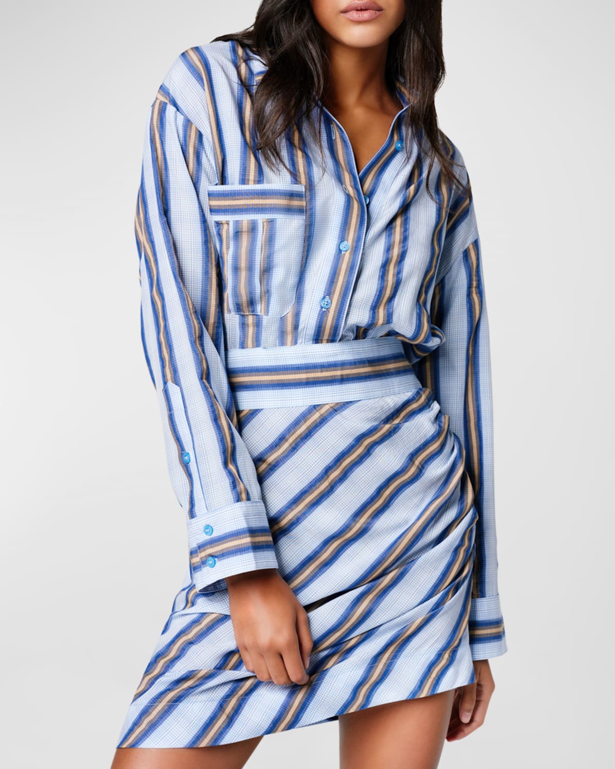 Long-Sleeve Cotton Stripe Mini Shirtdress