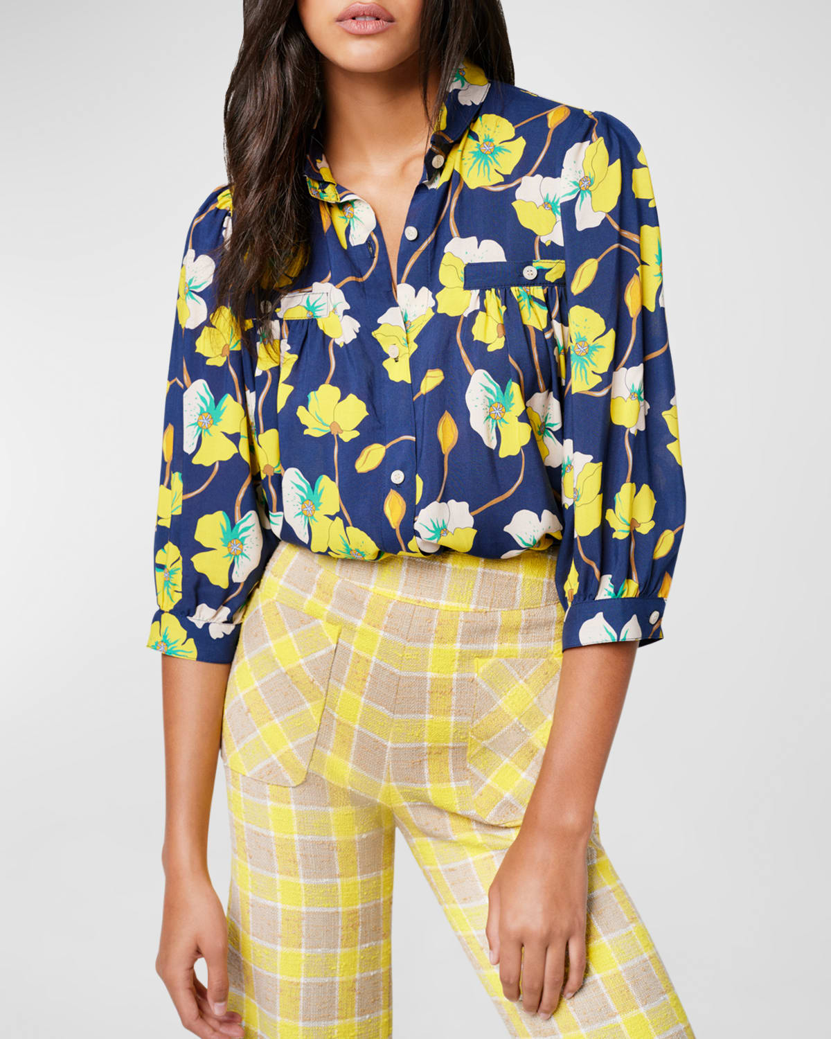 Shop Smythe Floral-print 3/4-sleeve Blouse In Navy Buttercup