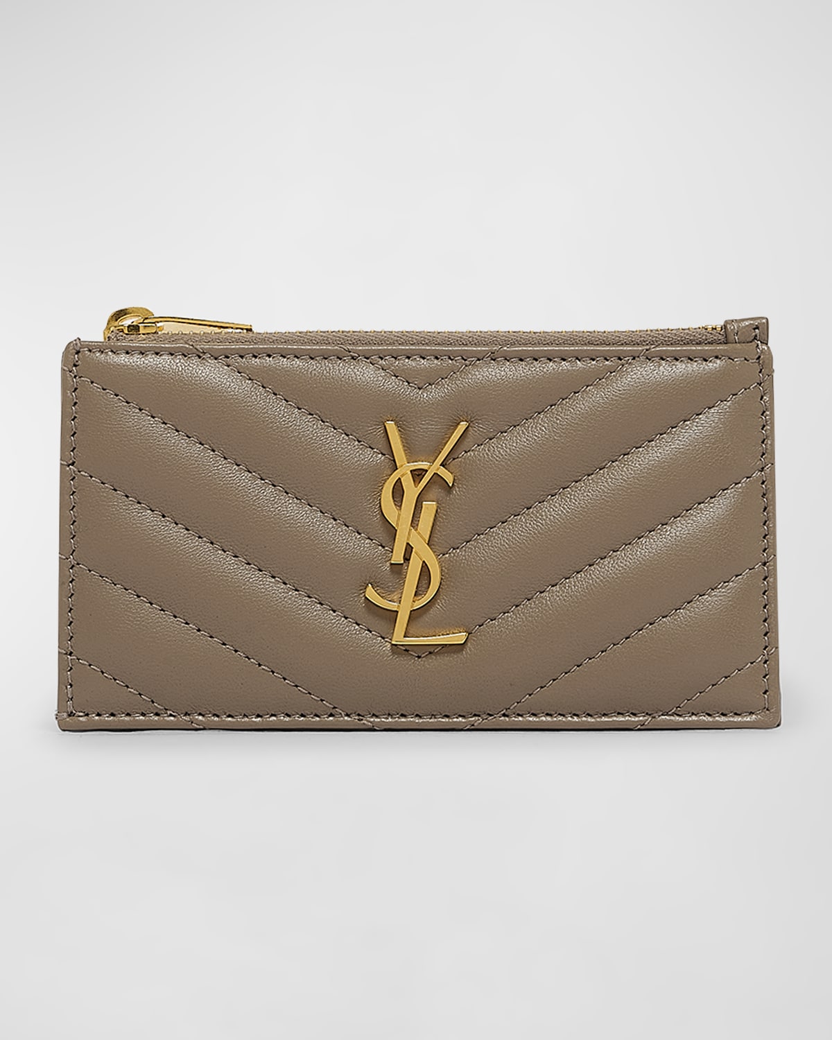Saint Laurent Small Ysl Zip Card Case In Quilted Leather In Greyish Brown