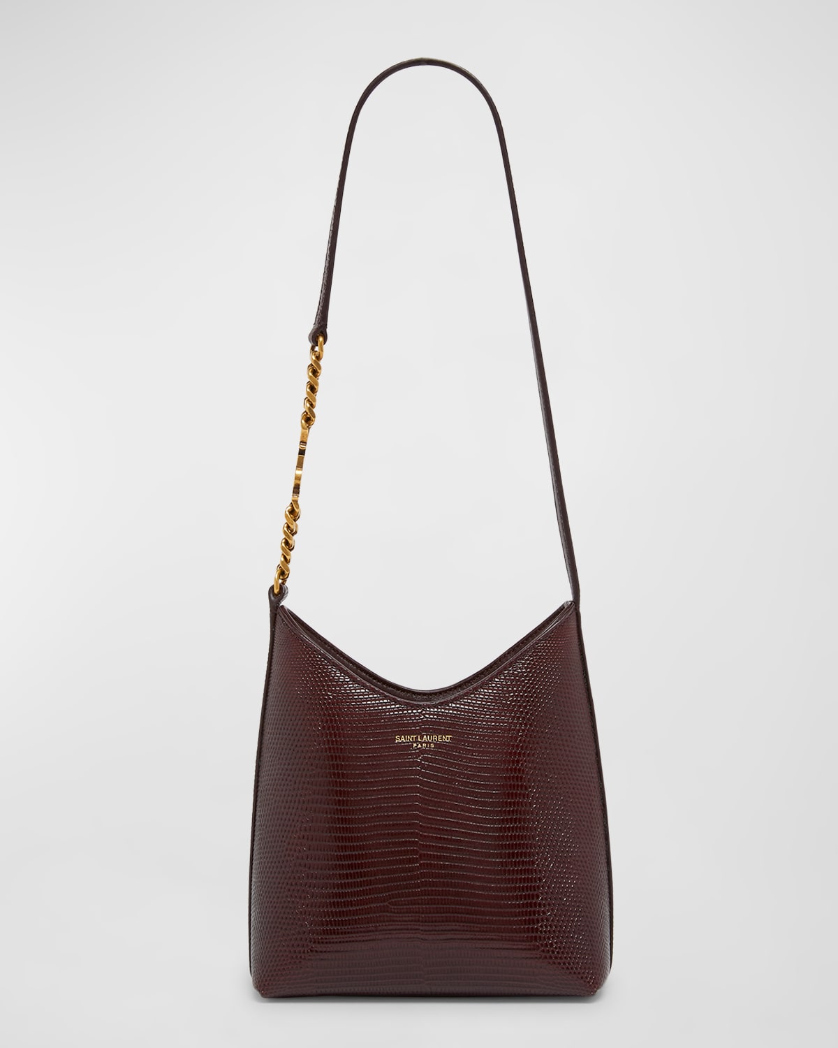 Saint Laurent Mini Shoulder Bag In Shiny Lizard-embossed Leather In Bordeaux