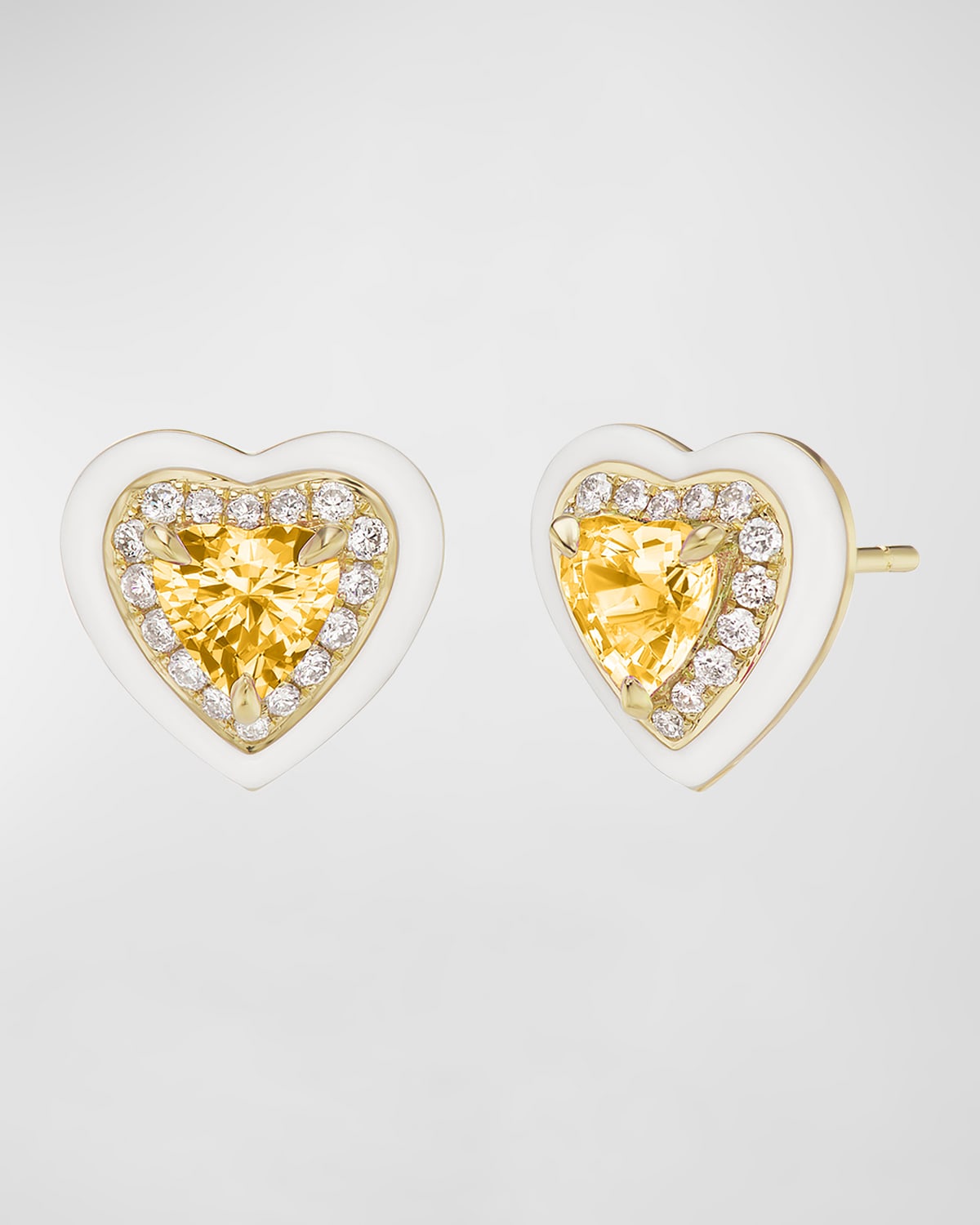 18K Yellow Gold Diamond, Enamel, and Sapphire Heart Stud Earrings