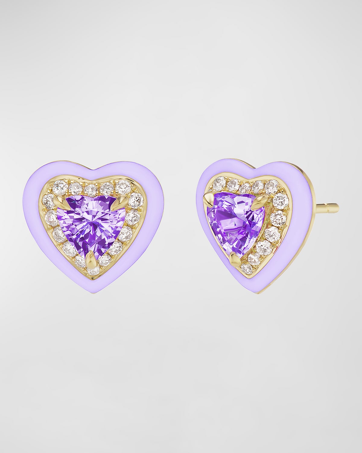 18K Yellow Gold Diamond, Enamel, and Amethyst Heart Stud Earrings