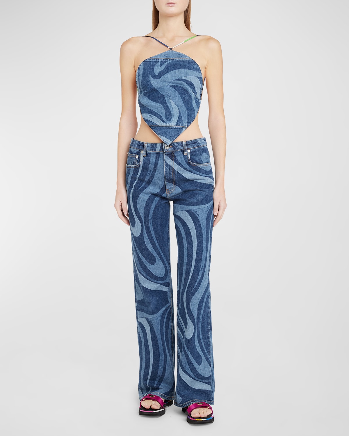 Swirl-Print Denim Sleeveless Fit-&-Flare Mini Dress