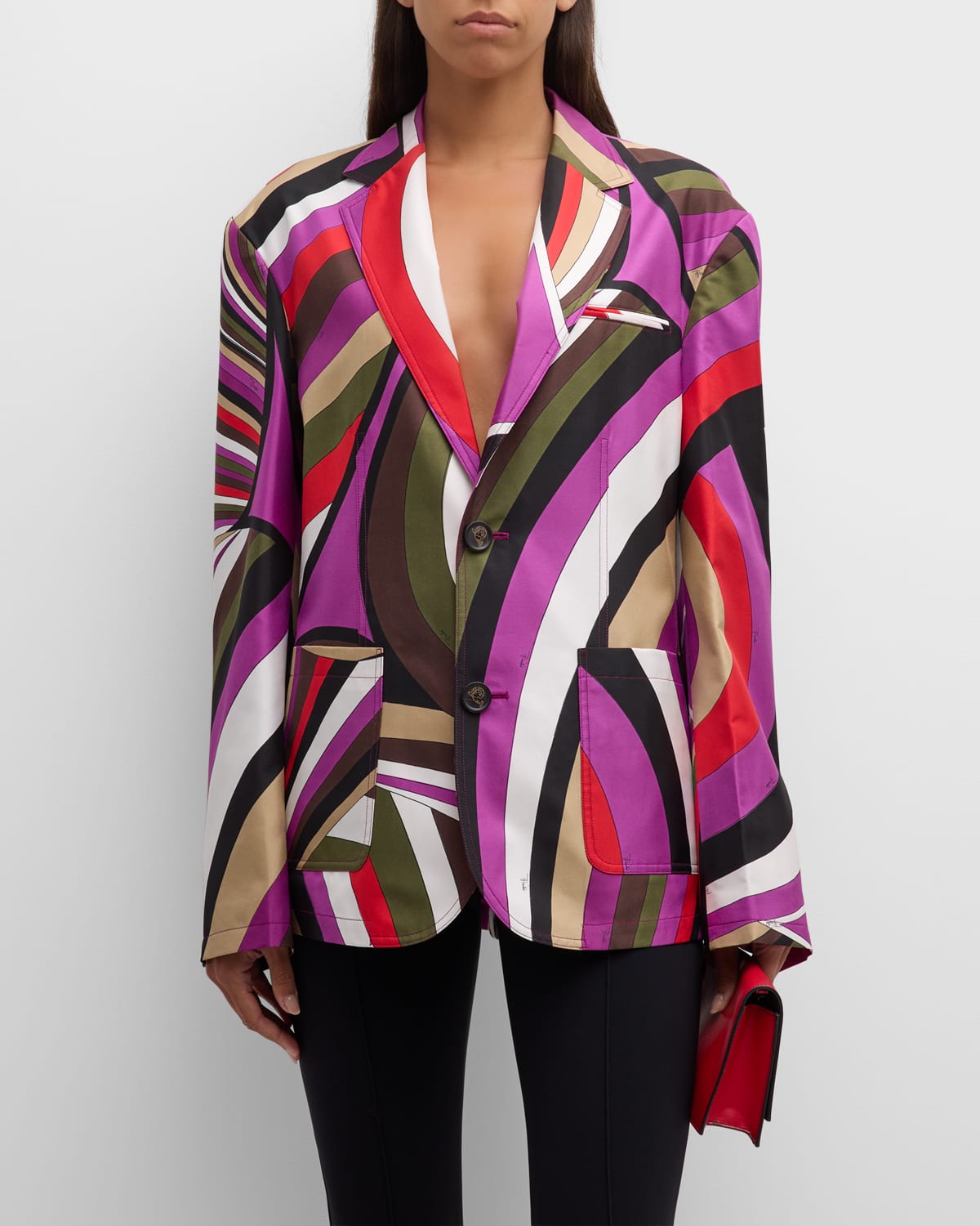 Abstract-Print Single-Breasted Silk Jacket