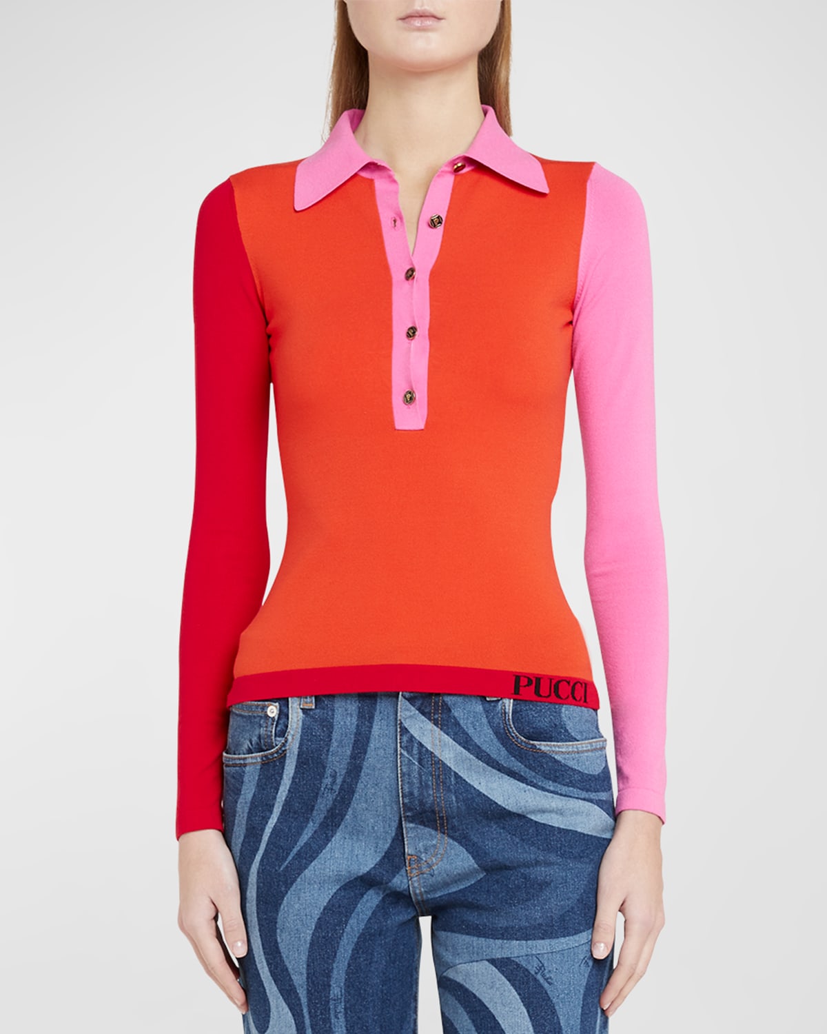 Shop Emilio Pucci Colorblock Long-sleeve Polo Sweater In Arancio/rosa