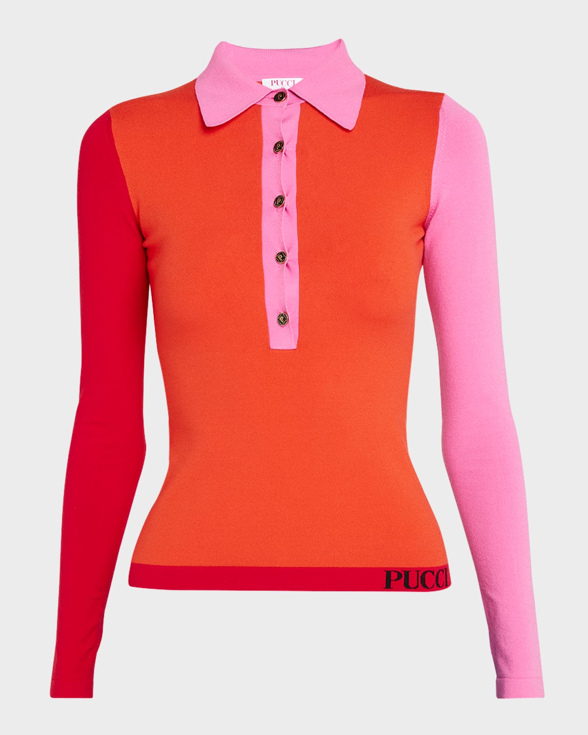 Shop Emilio Pucci Colorblock Long-sleeve Polo Sweater In Arancio/rosa