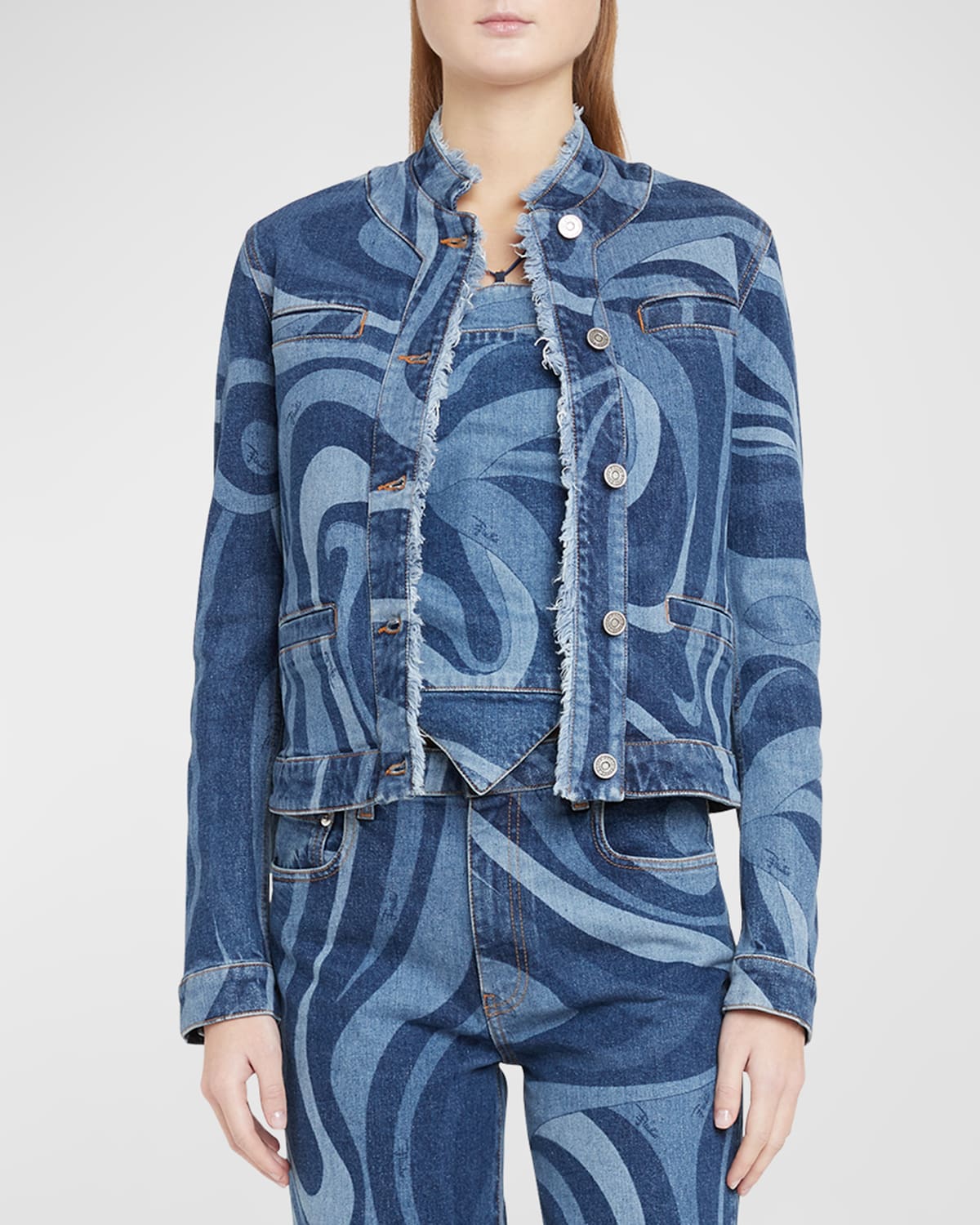 Shop Emilio Pucci Swirl-print Denim Button-front Jacket In Blu/medio