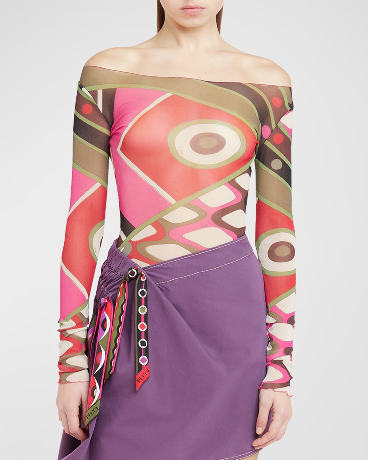 Shop Emilio Pucci Abstract-print Off-the-shoulder Long-sleeve Mesh T-shirt In Khaki/fuxia