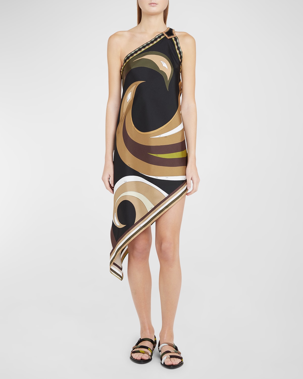Shop Emilio Pucci Swirl-print One-shoulder Buckle High-low Scarf Dress In Khaki/muschio