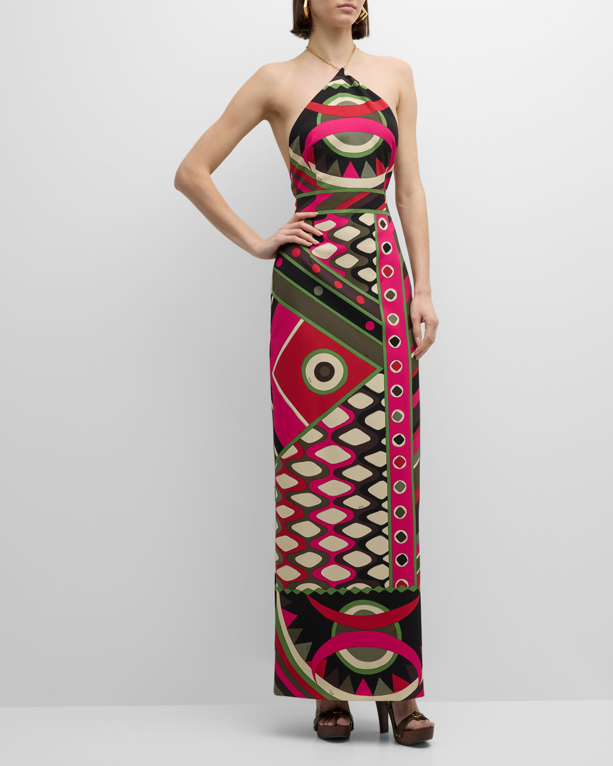 Shop Emilio Pucci Foulard-print Silk Backless Halter Maxi Dress In Khaki/fuxia