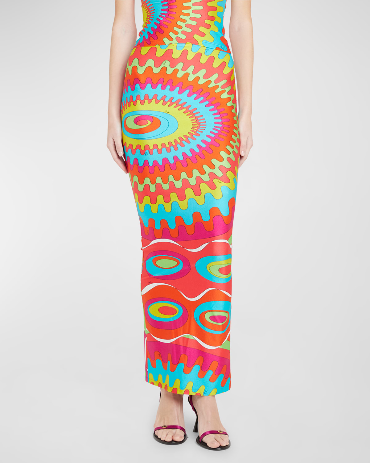 Shop Emilio Pucci Abstract-print Zip-hem Maxi Skirt In Fuxia/arancio