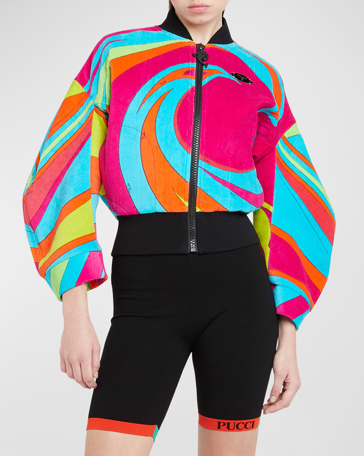 Shop Emilio Pucci Swirl-print Velour Bomber Jacket In Fuxia/arancio