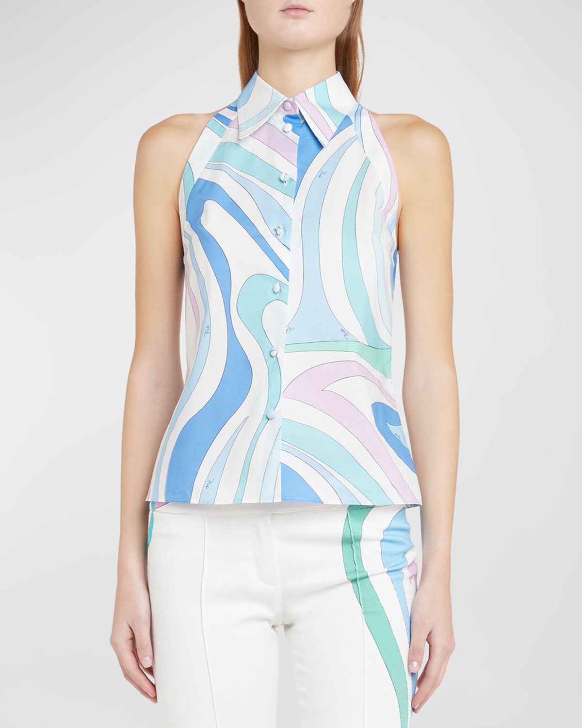 Shop Emilio Pucci Swirl-print Sleeveless Button-front Shirt In Celestebianco