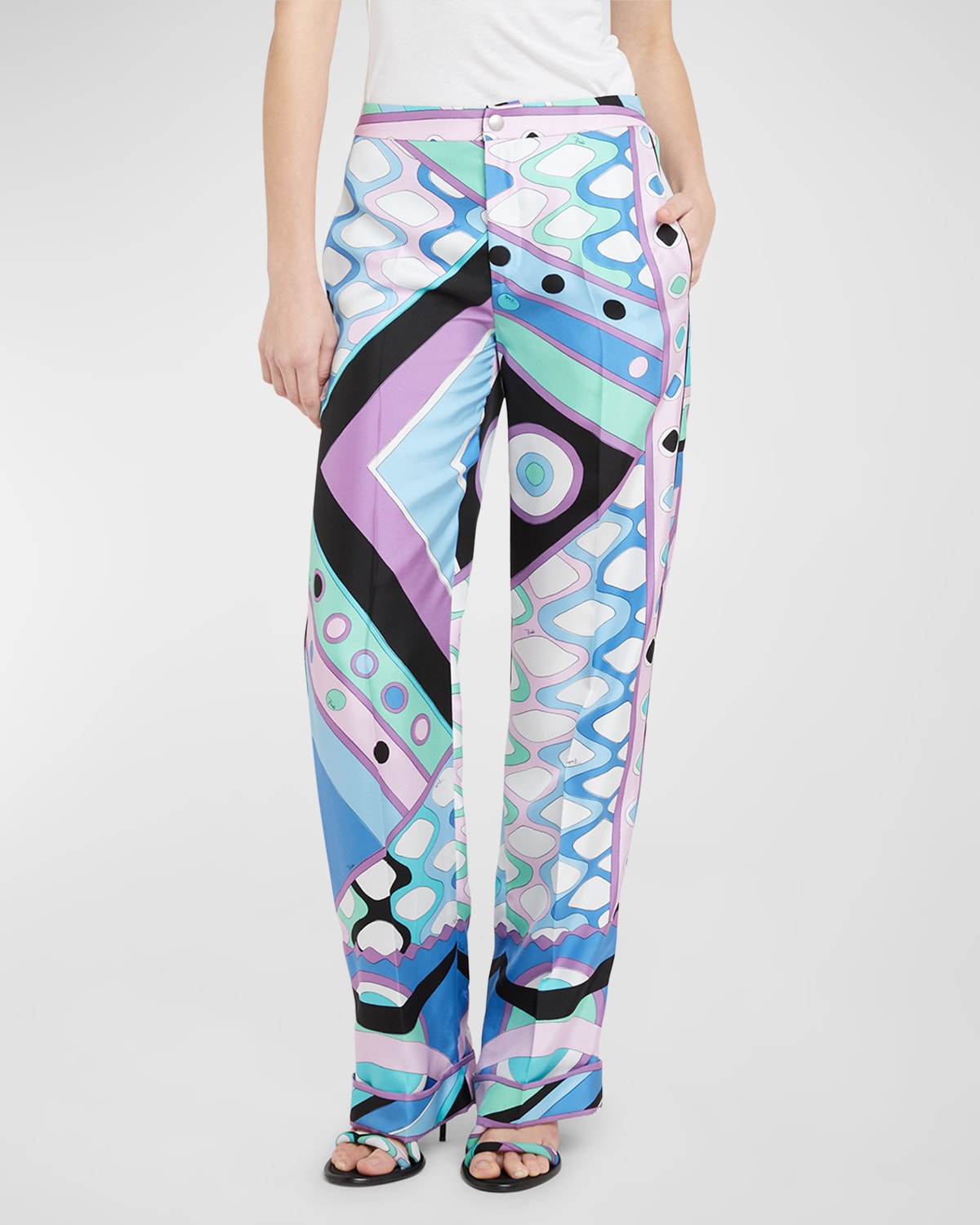 Shop Emilio Pucci Mid-rise Abstract-print Straight-leg Satin Pajama Trousers In Celestebianco