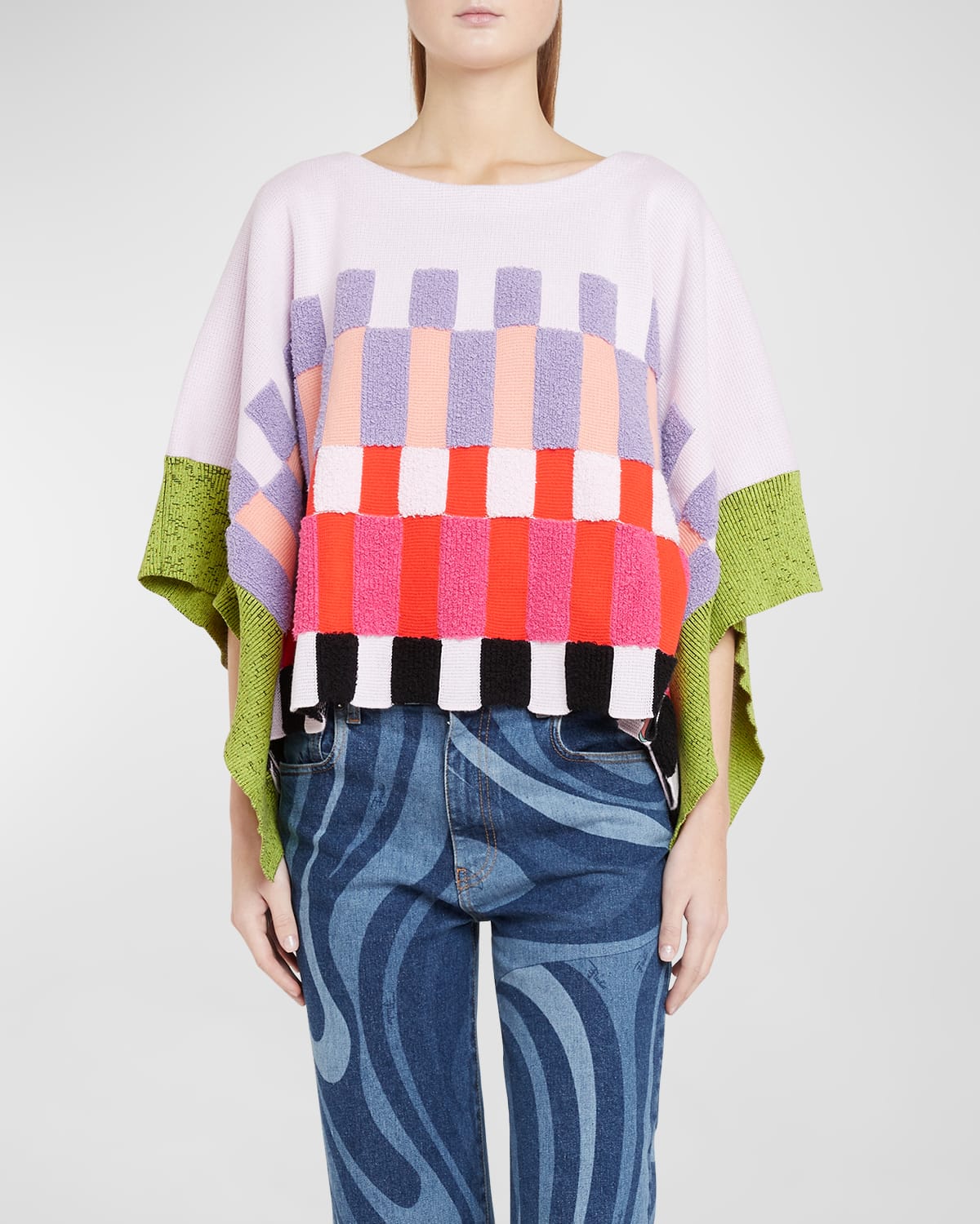 Shop Emilio Pucci Chek Textured Knit Poncho Sweater In Multicolor