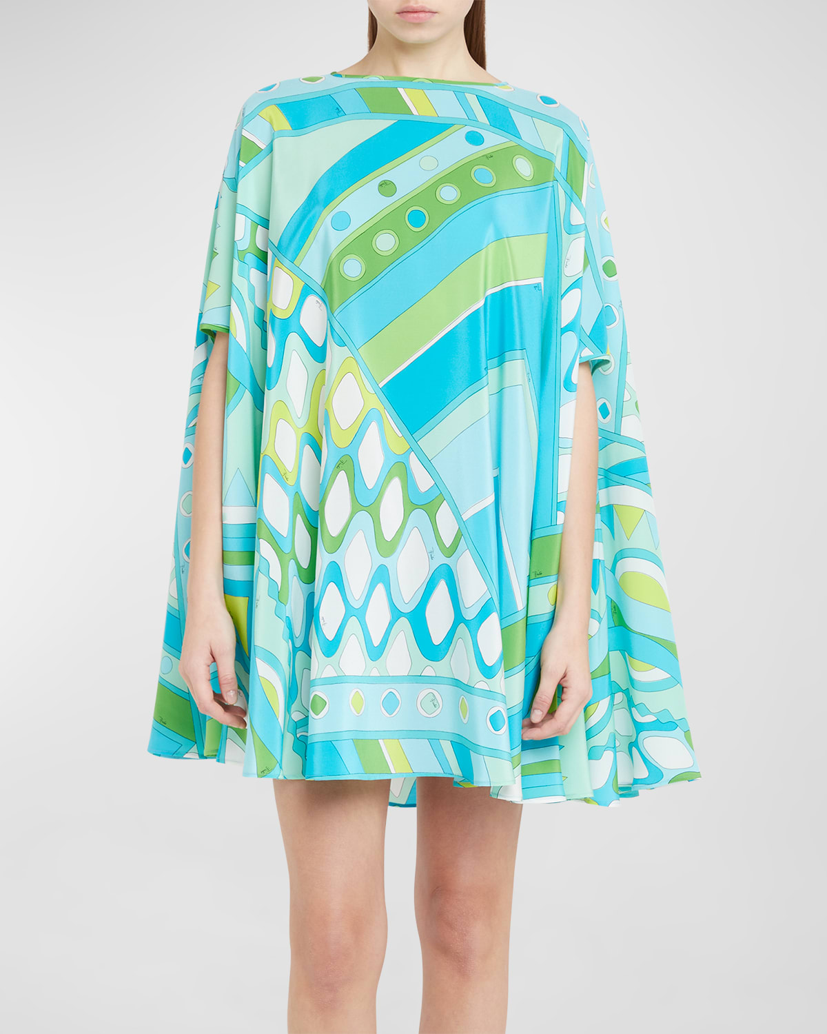 Shop Emilio Pucci Abstract-print Short-sleeve Mini Kaftan Dress In Turcheselime