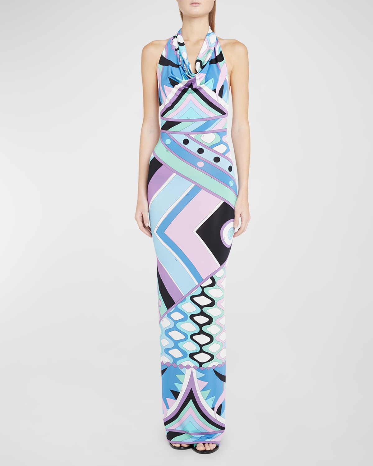 Shop Emilio Pucci Abstract-print Backless Halter Maxi Dress In Celestebianco