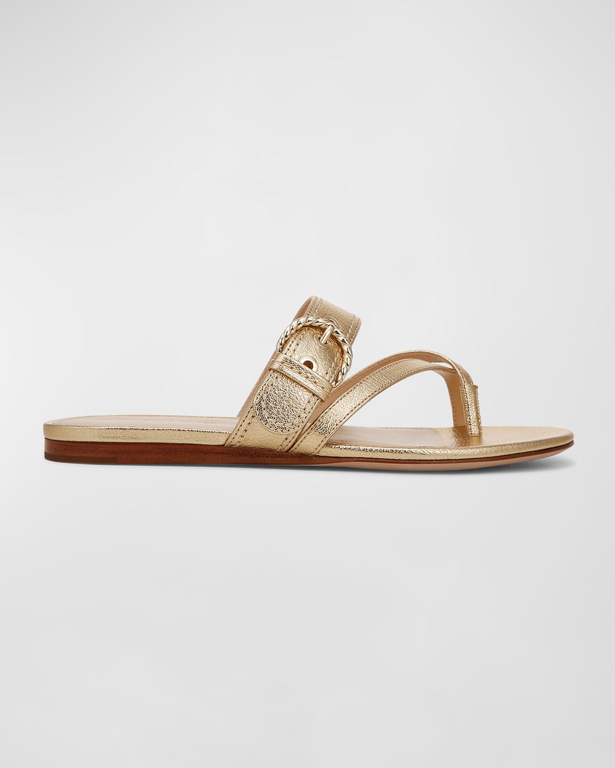 Shop Veronica Beard Salva Metallic Thong Buckle Sandals In Gold Leather