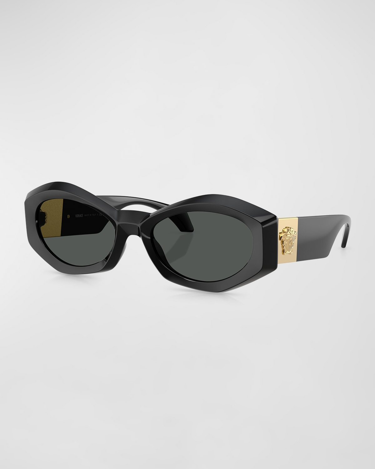 Versace Medusa Plaque Irregular Sunglasses In Black/gray Solid
