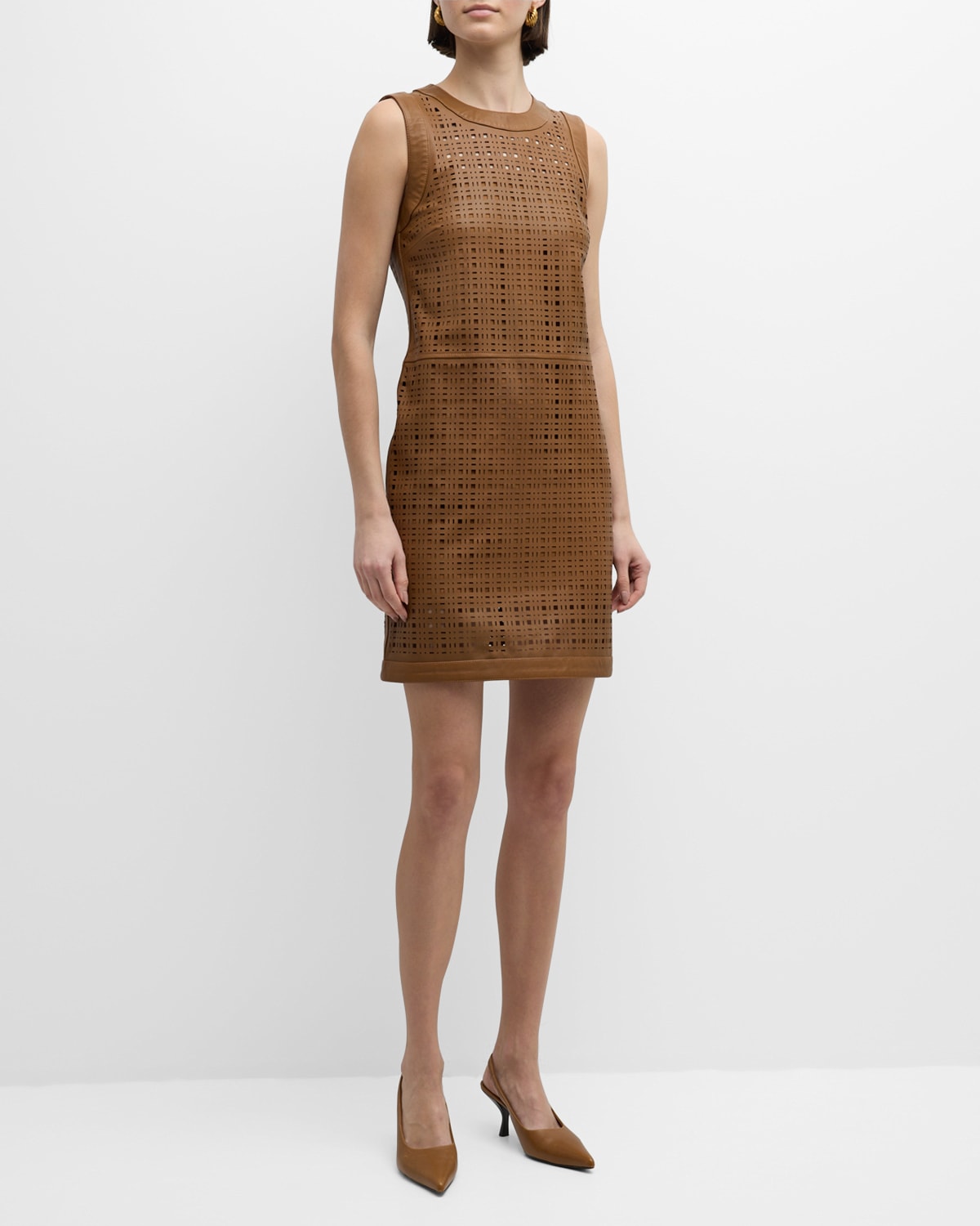 Lasercut Lightweight Nappa Leather Sleeveless Mini Dress