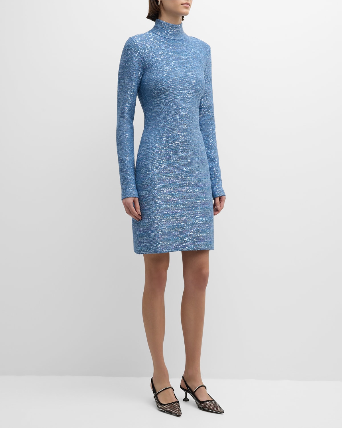Turtleneck Long-Sleeve Cutout Paillette Knit Mini Dress